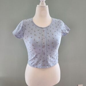 Rebellious Dreamer Junior Size Large Blue Fitted Crop Top with Button Accent